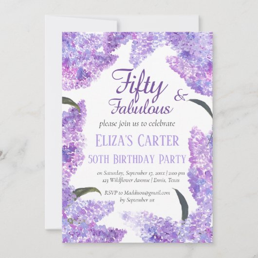 パープル薄紫第50回植物学誕生日 招待状 (正面)
