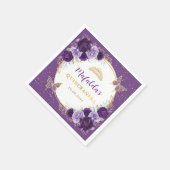 パープル薄紫金ゴールドフラワーズキンセアニェラ誕生日 スタンダードカクテルナプキン (角)