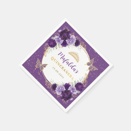 パープル薄紫金ゴールドフラワーズキンセアニェラ誕生日 スタンダードカクテルナプキン (角)