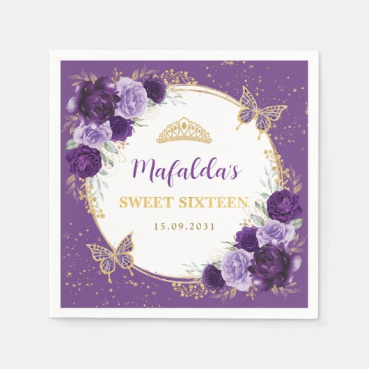 パープル薄紫金ゴールドフローラスウィート16誕生日 スタンダードカクテルナプキン (正面)