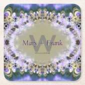 パープル薄紫金ゴールドレースモノグラム紙コースター スクエアペーパーコースター (正面)