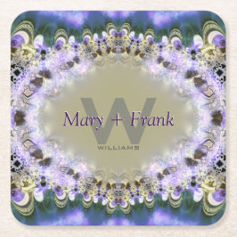 パープル薄紫金ゴールドレースモノグラム紙コースター スクエアペーパーコースター