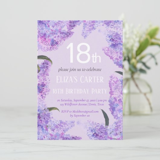 パープル薄紫18番目のフローラエレガント誕生日 招待状 (スタンド正面)