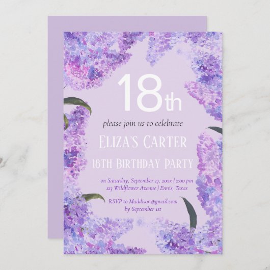 パープル薄紫18番目のフローラエレガント誕生日 招待状 (正面/裏面)