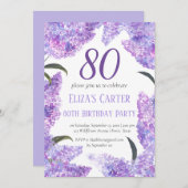 パープル薄紫80番目のフローラエレガント誕生日 招待状 (正面/裏面)