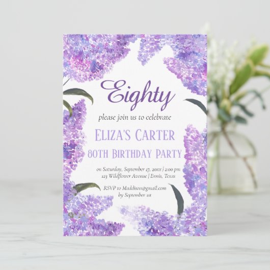 パープル薄紫80th70thフローラエレガント誕生日 招待状 (スタンド正面)