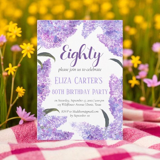 パープル薄紫80th80のフローラエレガント誕生日 招待状