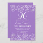パープル薄紫90th90のフローラエレガント誕生日 招待状 (正面/裏面)