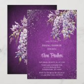 パープル藤の花 シルバーグリッター ブライダルシャワー 招待状 (正面/裏面)