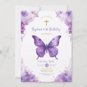 パープル蝶ガーデンバプテスマ&誕生日 招待状 (正面)