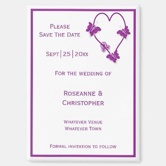 パープル蝶ハートデザイン結婚ズ マグネット (正面)