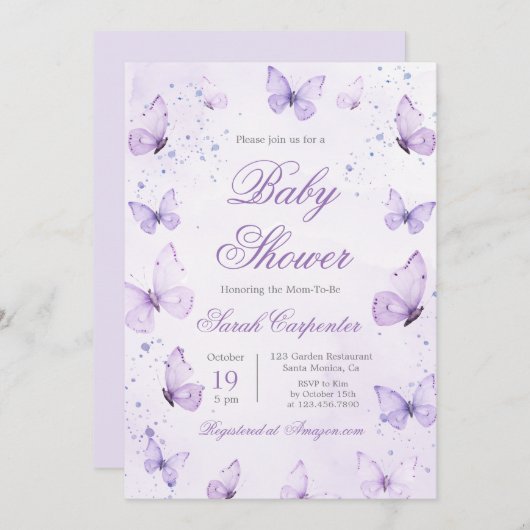 パープル蝶ベビーシャワーガール招待状 招待状 (正面/裏面)