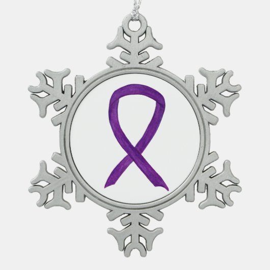 パープル認識度リボンチャームホリデーオーナメント スノーフレークピューターオーナメント (正面)