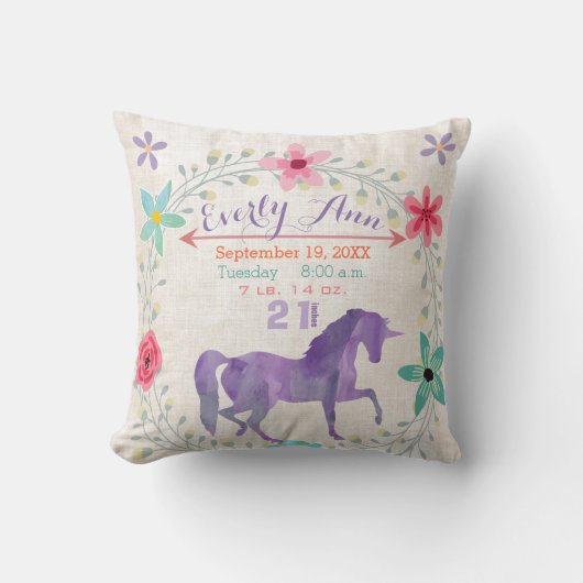 パープル誕生統計ガールマジカルクリージャーユニコーン クッション (正面)