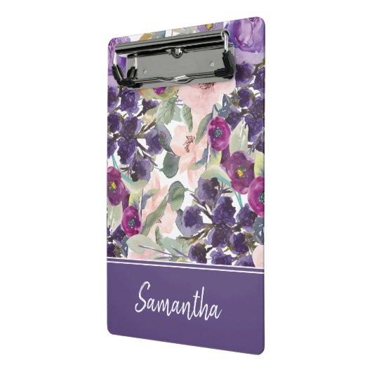 パープル赤面ピンクウォーターカラーフローラモノグラム ミニクリップボード (アングル2)