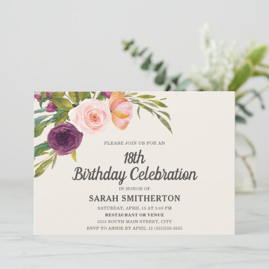 パープル赤面ピンクウォーターカラーフローラ18誕生日 (スタンド正面)