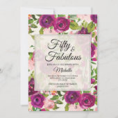 パープル赤面ピンクウォーターカラーフローラ50誕生日 招待状 (正面)