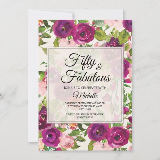 パープル赤面ピンクウォーターカラーフローラ50誕生日 招待状 (正面)