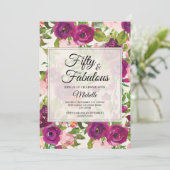 パープル赤面ピンクウォーターカラーフローラ50誕生日 招待状 (スタンド正面)