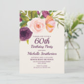 パープル赤面ピンクウォーターカラーフローラ60誕生日 招待状 (スタンド正面)