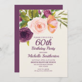 パープル赤面ピンクウォーターカラーフローラ60誕生日 招待状 (正面/裏面)
