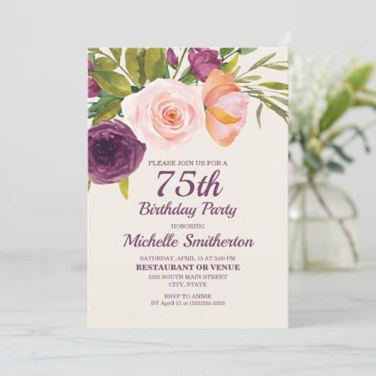 パープル赤面ピンクウォーターカラーフローラ75誕生日 招待状 (スタンド正面)