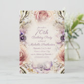 パープル赤面ピンクスクリプト蝶70誕生日 招待状 (スタンド正面)