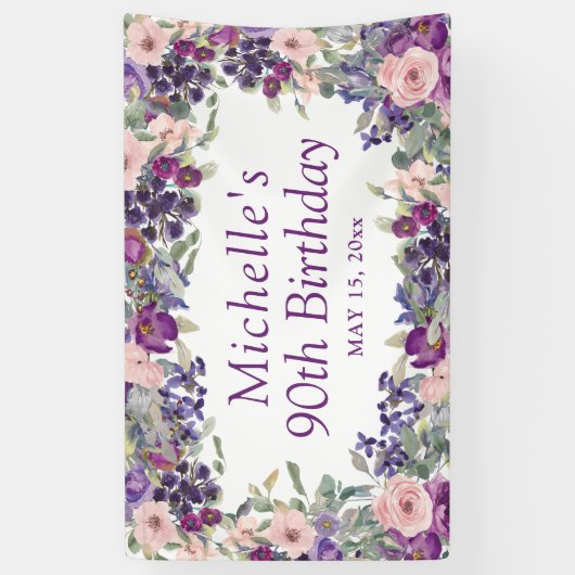 パープル赤面ピンクフローラの葉90誕生日 横断幕 (縦)