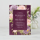 パープル赤面ピンクフローラオールインワン結婚プラム 招待状 (スタンド正面)