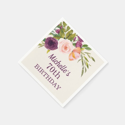 パープル赤面ピンクフローラクリーム70誕生日 スタンダードカクテルナプキン (角)