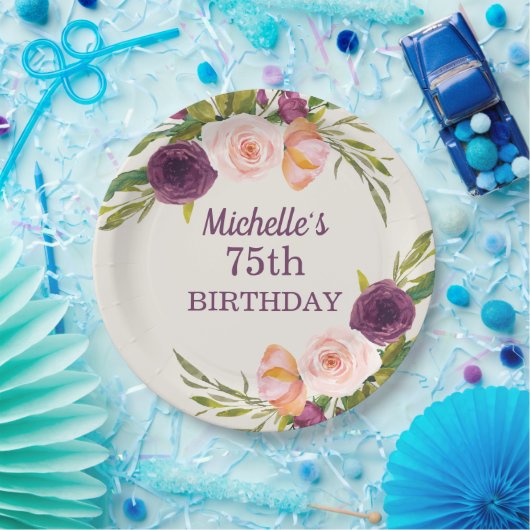 パープル赤面ピンクフローラクリーム75誕生日 ペーパープレート (パーティー)