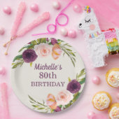 パープル赤面ピンクフローラクリーム80誕生日 ペーパープレート (パーティー)