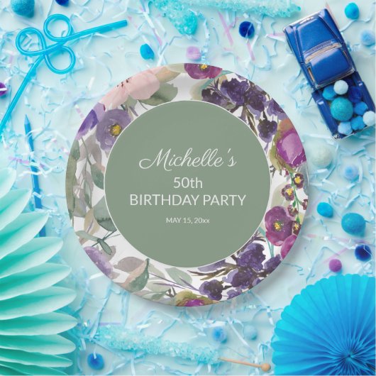 パープル赤面ピンクフローラセージ緑50誕生日 ペーパープレート (パーティー)