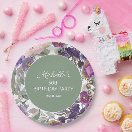 パープル赤面ピンクフローラセージ緑50誕生日 ペーパープレート (パーティー)
