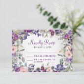 パープル赤面ピンクフローラ葉RSVP 出欠カード (スタンド正面)
