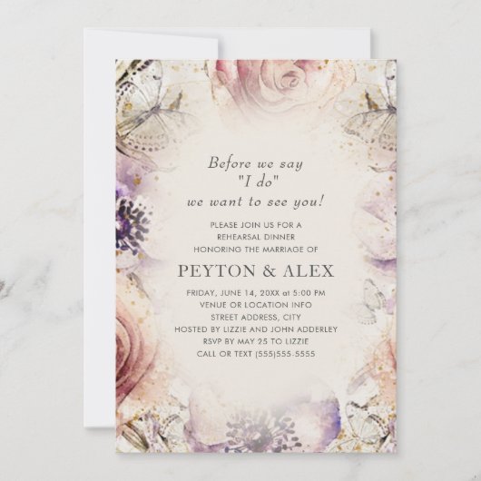 パープル赤面ピンクフローラ蝶クリーム 招待状 (正面)