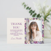 パープル赤面ピンクフローラ誕生日写真 サンキューカード (スタンド正面)