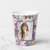 パープル赤面ピンクフローラ誕生日写真 紙コップ (裏面)