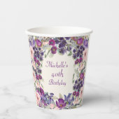 パープル赤面ピンクフローラ誕生日写真 紙コップ (正面)