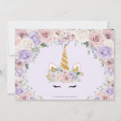 パープル赤面ホワイトフローラユニコーン誕生日写真 招待状 (裏面)