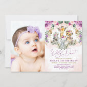 パープル赤面ワイルドワンジャングル動物1歳の誕生日 招待状 (正面)