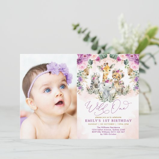 パープル赤面ワイルドワンジャングル動物1歳の誕生日 招待状 (スタンド正面)