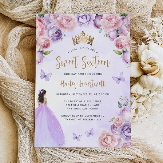 パープル赤面金ゴールドフローラ水彩スウィート16パーティー 招待状