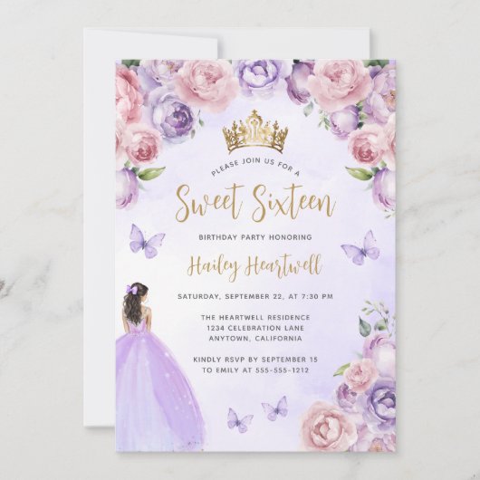 パープル赤面金ゴールドフローラ水彩スウィート16パーティー 招待状 (正面)