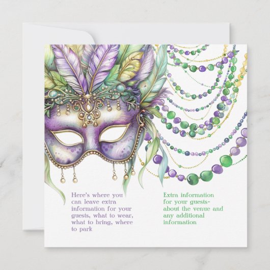 パープル金ゴールドとグリーンマルディグラスマスクとビーズ 招待状 (裏面)