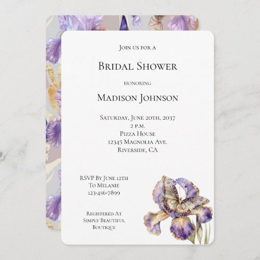 パープル金ゴールドアイリスフローラバタフライブライダルシャワー 招待状 (正面/裏面)