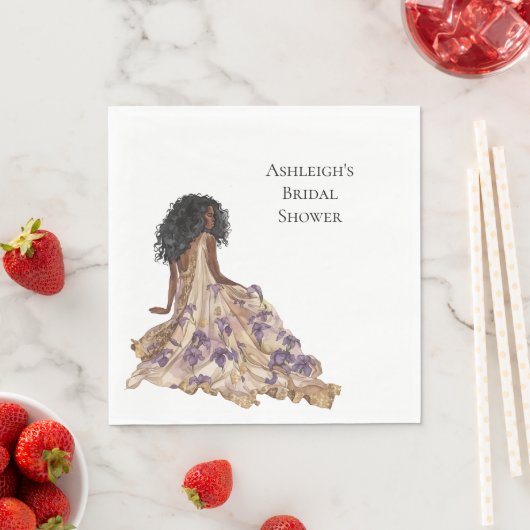 パープル金ゴールドアイリスフローラブライダルシャワーブラックウーマン スタンダードランチョンナプキン (インサイチュ)