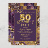 パープル金ゴールドアガテサプライズ50th誕生日パーティー 招待状 (正面/裏面)