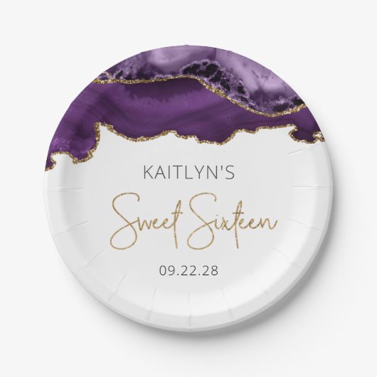 パープル金ゴールドアガテスウィート16バースデーパーティー ペーパープレート (正面)