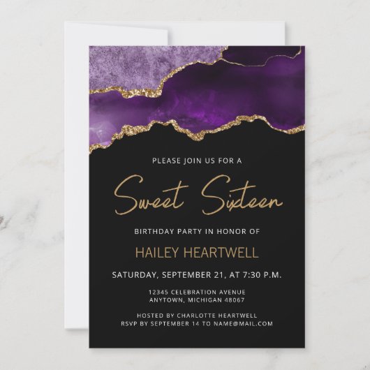 パープル金ゴールドアガテスウィート16誕生日招待状 (正面)
